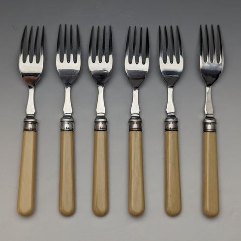 British Vintage Resin Handle Fish Cutlery 6 Pair Set in Wooden Box Cooper Brothers